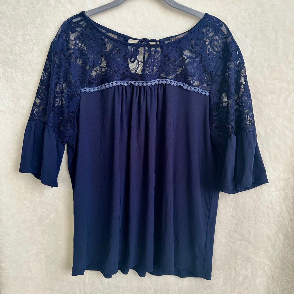 Luxology Navy Blue Lace Top Pom Pom Trim Bell Sleeve Keyhole Blouse Large L